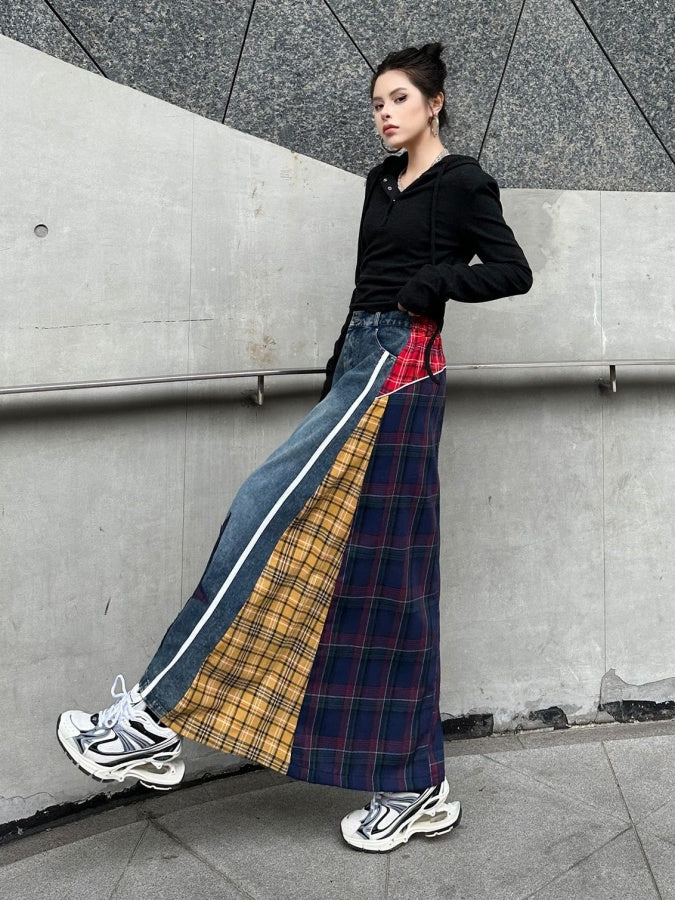 Colorful Check Docking Denim Skirt X2994