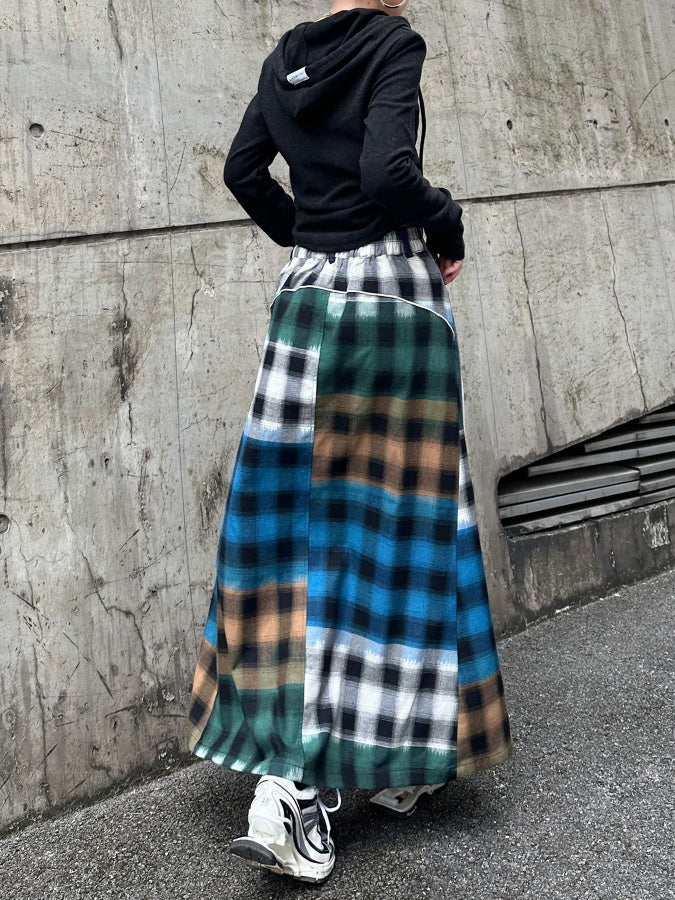 Colorful Check Docking Denim Skirt X2994