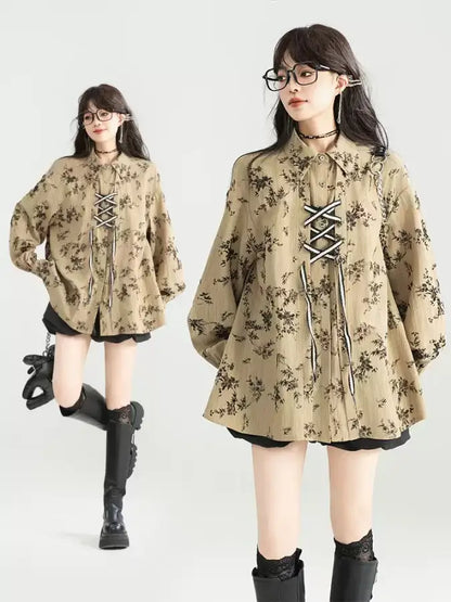 Lace up Loose Shirt/Balloon Silhouette Short Pants/Random Frill Medium Skirt　X2980