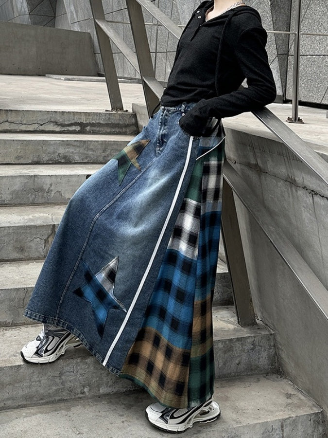 Colorful Check Docking Denim Skirt X2994