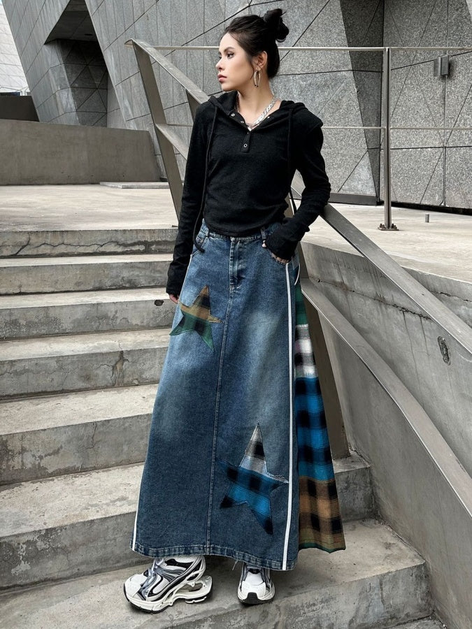 Colorful Check Docking Denim Skirt X2994