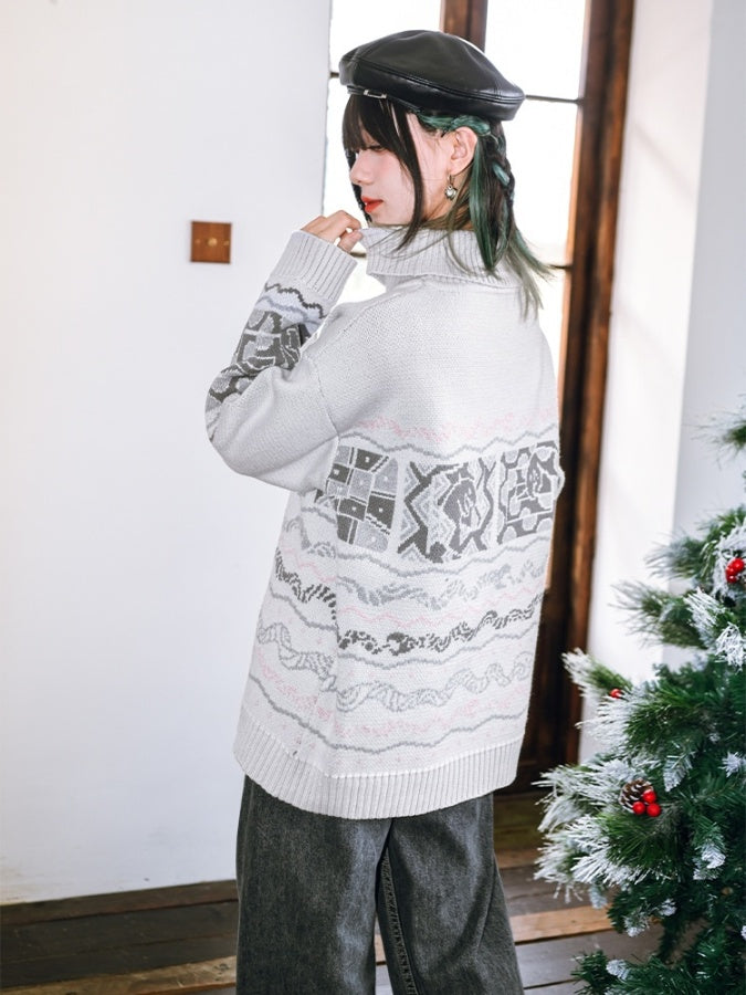 High Neck Jacquard Sweater X2977