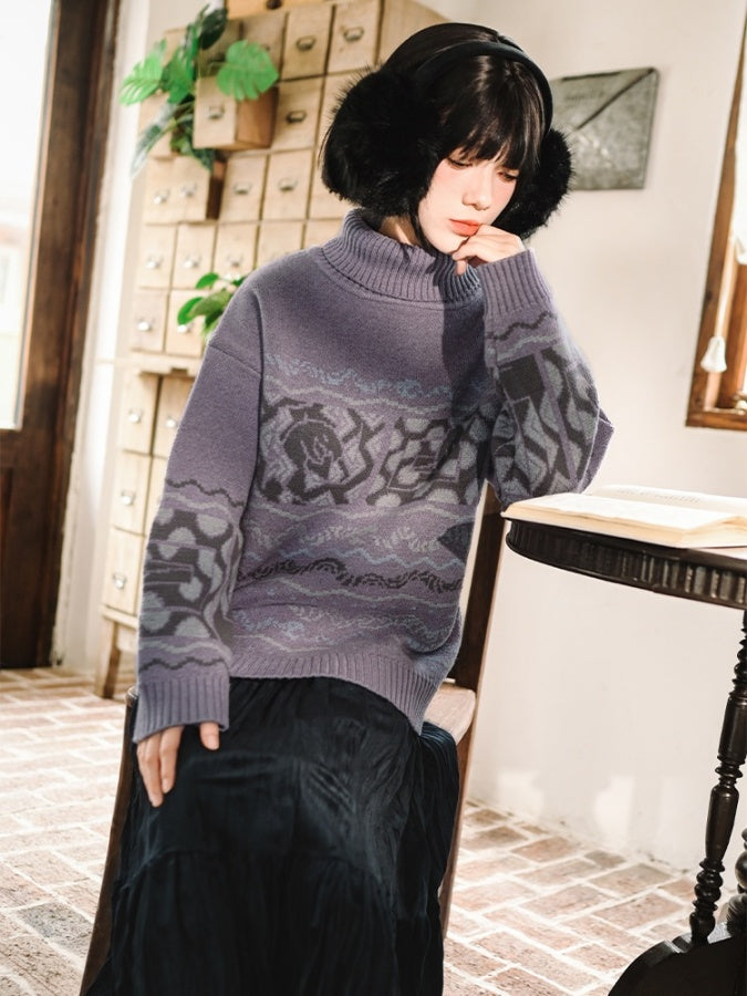 High Neck Jacquard Sweater X2977