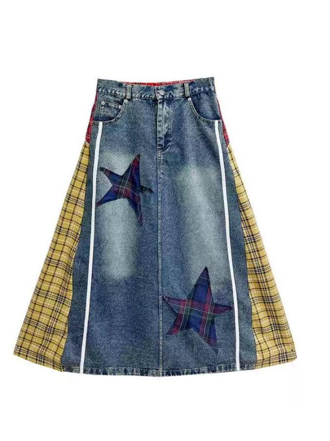 Colorful Check Docking Denim Skirt X2994