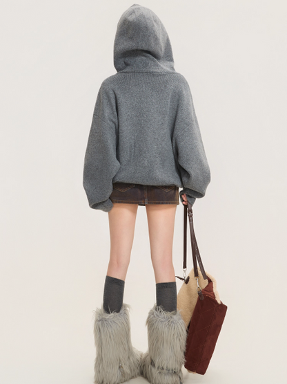 Heavyweight Grey Zip-Up Knit Hoodie Cardigan　X3368
