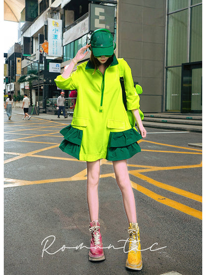 Dopamine Color Block Ruffle Hem Oversized Half-Zip Sweatshirt　X3657