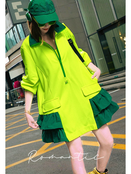 Dopamine Color Block Ruffle Hem Oversized Half-Zip Sweatshirt　X3657