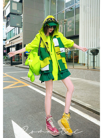 Dopamine Color Block Ruffle Hem Oversized Half-Zip Sweatshirt　X3657