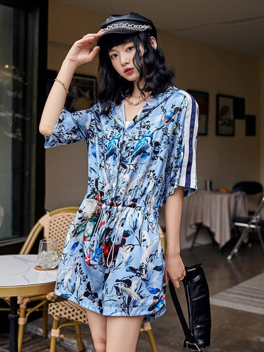 Flower print short pants jumpsuit X2101