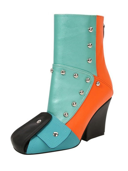 Square Toe Color Blocking Studded Bootie X1758