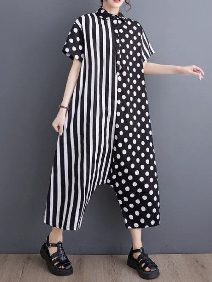 Asymmetric Dot Stripe Loose Jumpsuit X2160