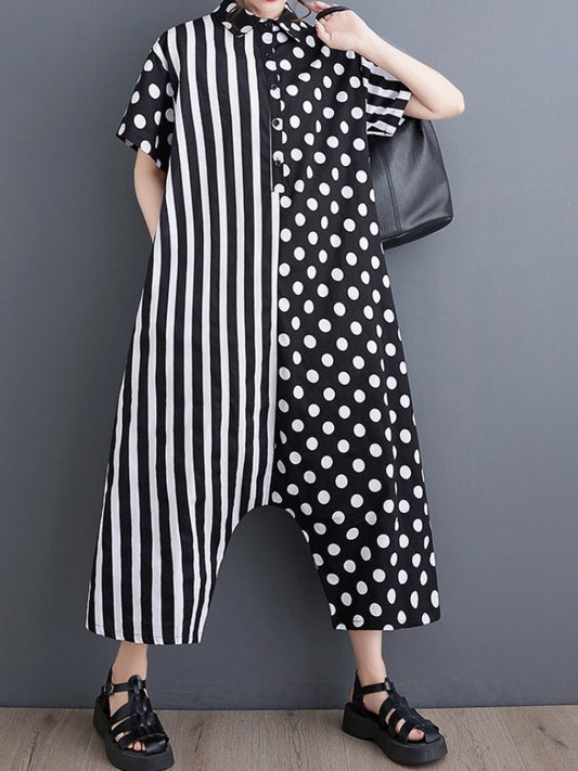 Asymmetric Dot Stripe Loose Jumpsuit X2160