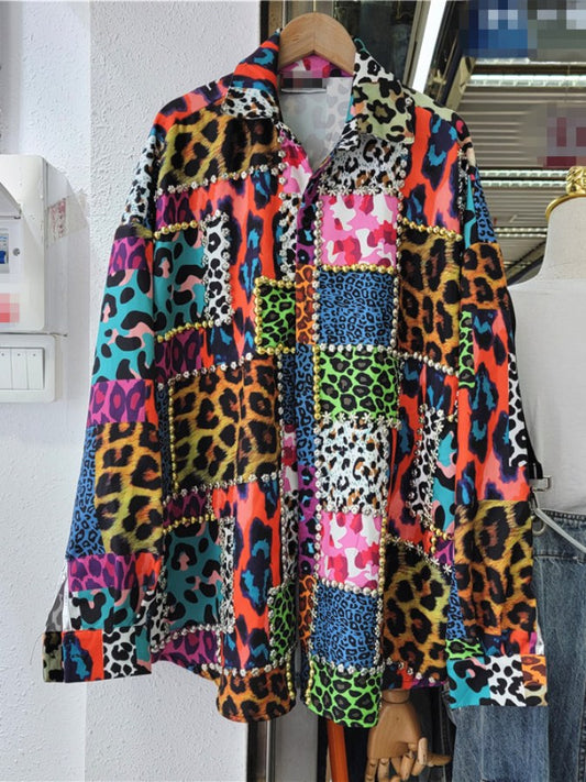 Leopard pattern beaded shirt　X1720