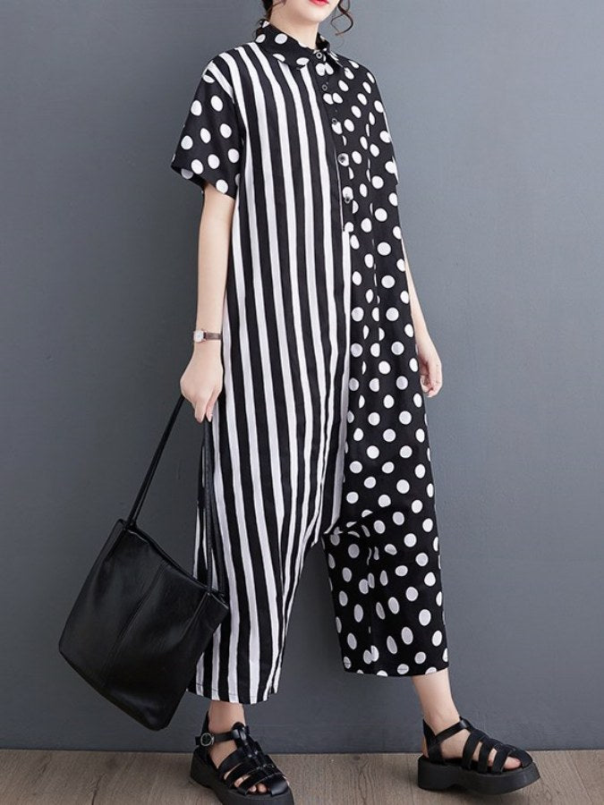 Asymmetric Dot Stripe Loose Jumpsuit X2160