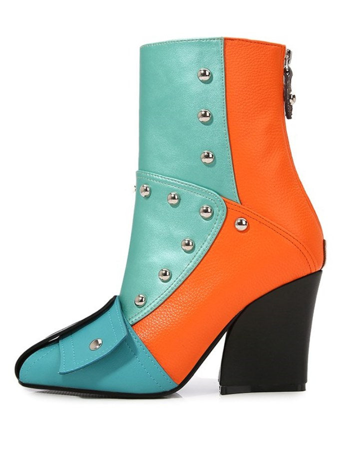 Square Toe Color Blocking Studded Bootie X1758