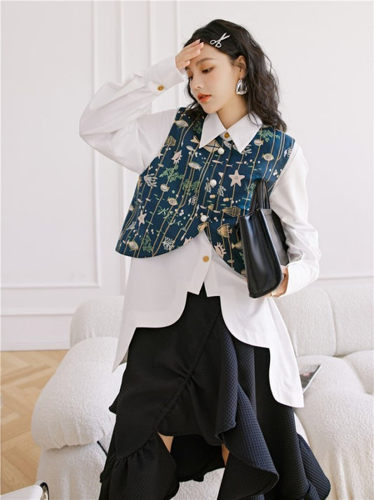 Design Hem Flare Shirt/Flare Medium Skirt/Fish Pattern Gilet X1598