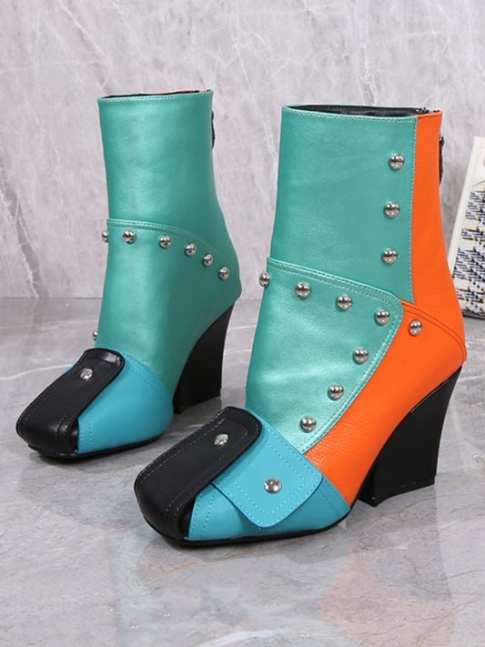 Square Toe Color Blocking Studded Booties X1758