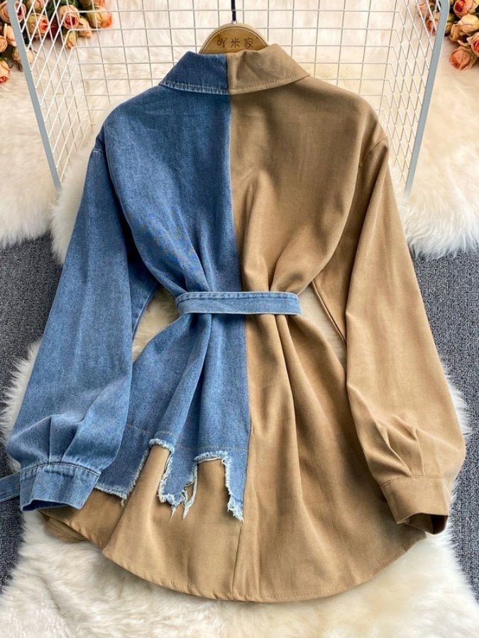 Half-damaged denim shirt dress X1759