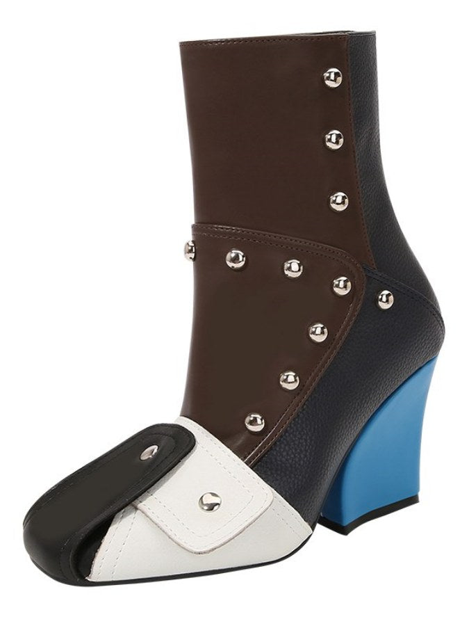 Square Toe Color Blocking Studded Bootie X1758