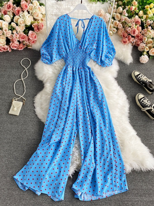 Polka Dot V Neck Jumpsuit X1190