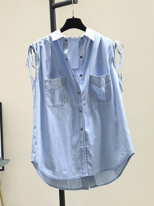Lace-up sleeve denim top X1304