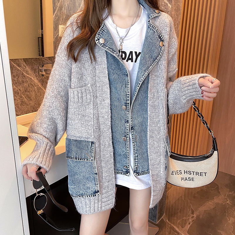 Sweater denim docking jacket X057 