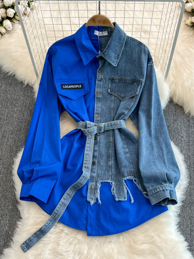 Color denim docking shirt dress X2040