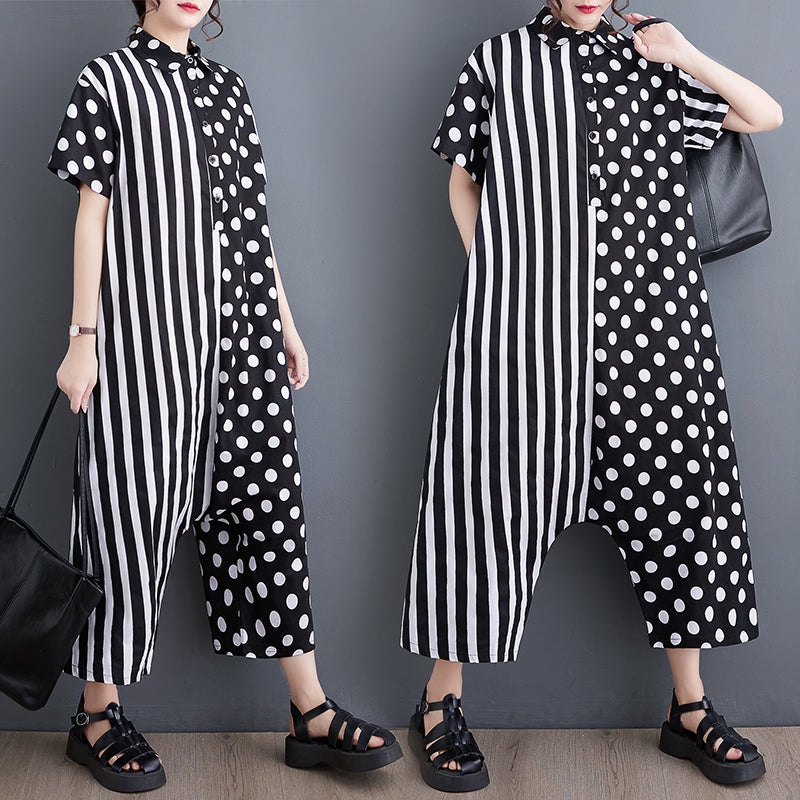 Asymmetric Dot Stripe Loose Jumpsuit X2160