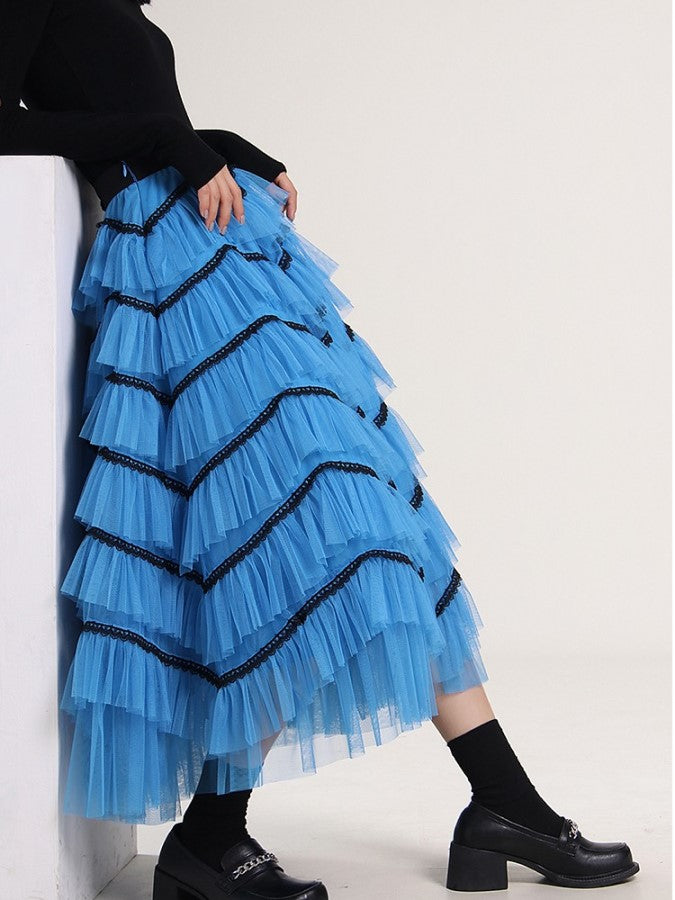 Mesh Draped Long Puff Skirt X1004