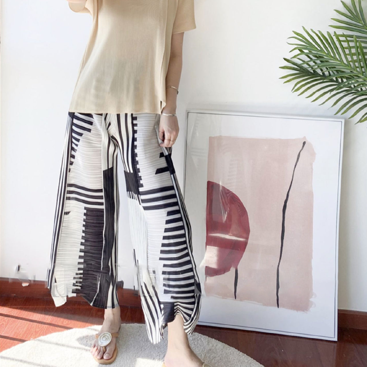 Striped Cropped Wide Pants X116