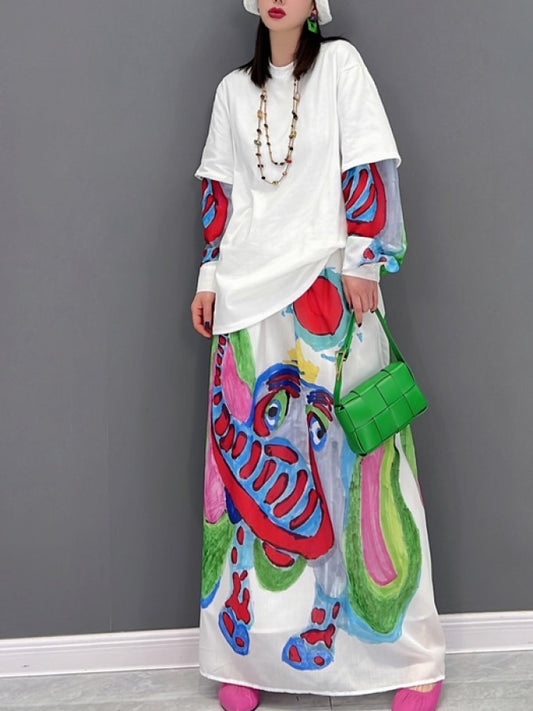 Faux Layered Shirt &amp; Elephant Long Skirt X1232