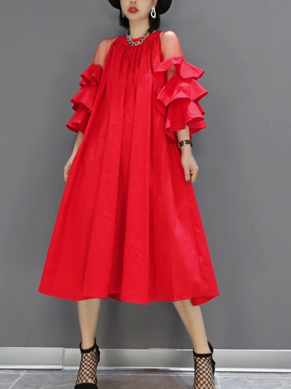 Chiffon Shoulder Frill Sleeve Dress X1264