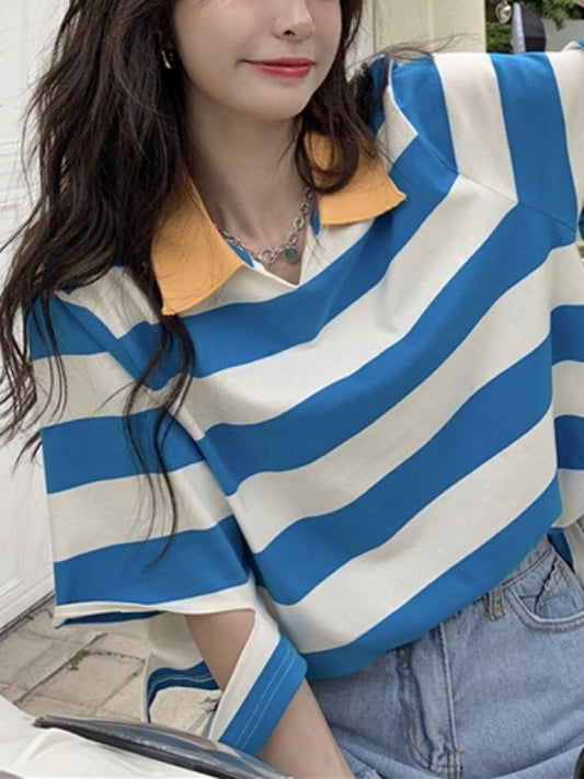 Striped slit sleeve polo shirt X1270