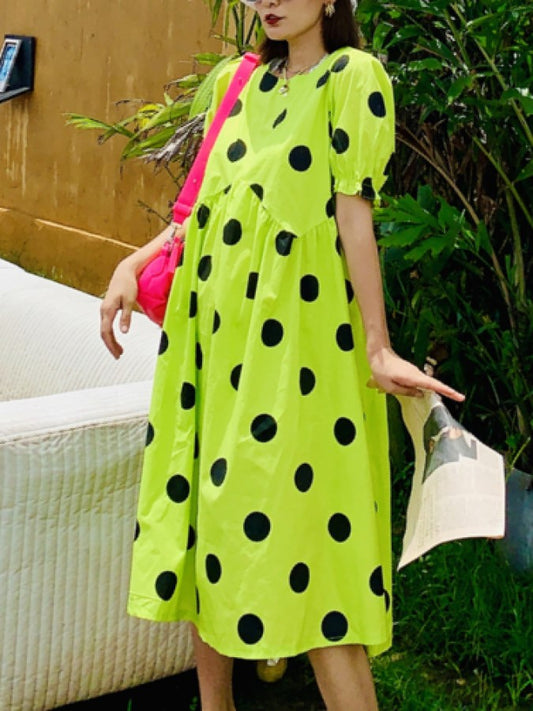 Vivid Dot Puff Sleeve Dress　X1421