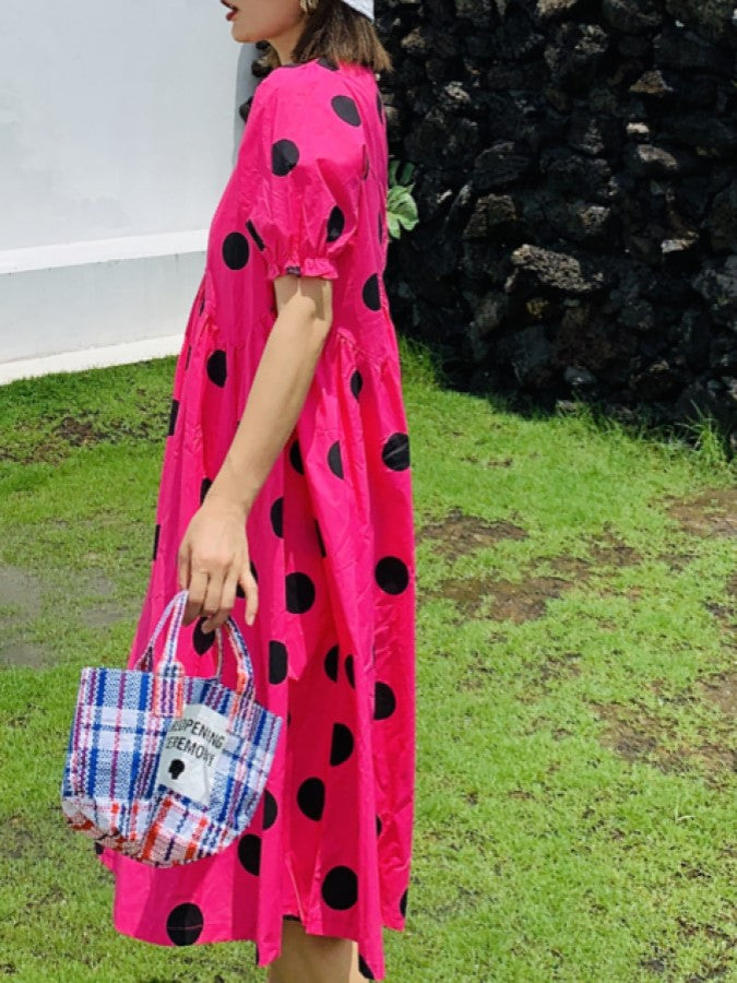 Vivid Dot Puff Sleeve Dress X1421