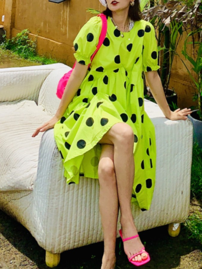 Vivid Dot Puff Sleeve Dress X1421