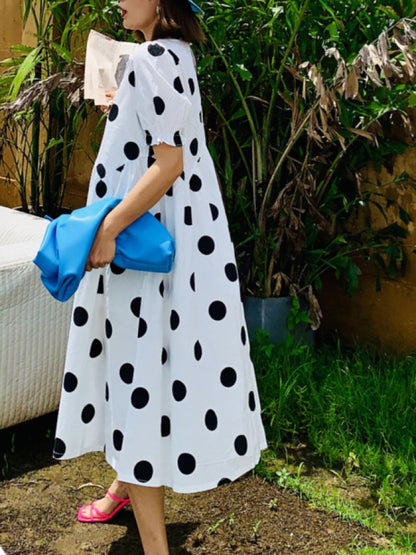 Vivid Dot Puff Sleeve Dress X1421