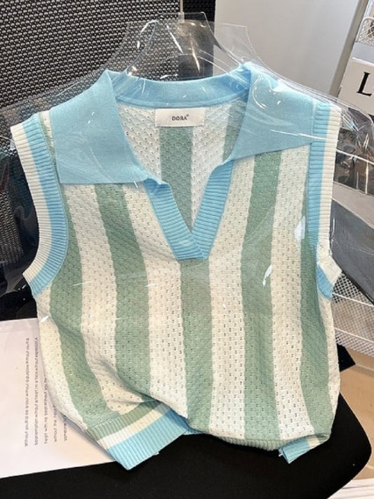 Mint color striped sleeveless summer sweater X1435