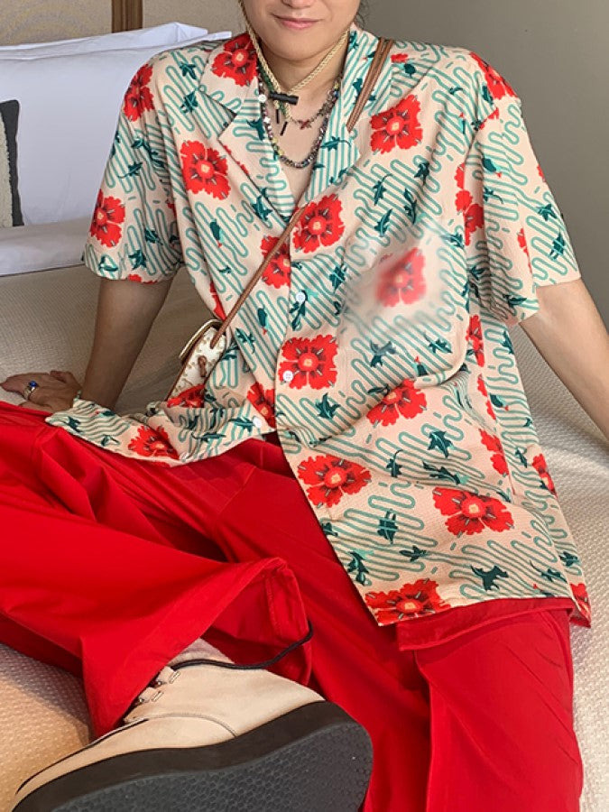 Mosaic pocket hibiscus drape shirt X1462