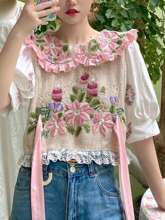 Floral embroidery doll collar blouse X1602
