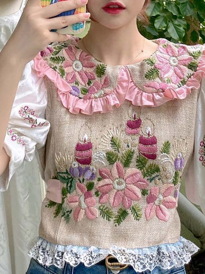 Floral embroidery doll collar blouse X1602