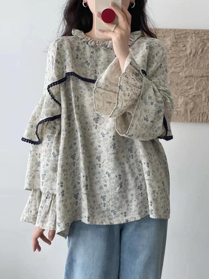 Retro floral frill linen blouse X1648