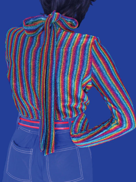 Rainbow Stripe Shiny Ribbon Tie Bottom Shirt X1656