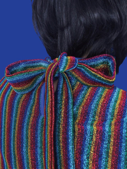 Rainbow Stripe Shiny Ribbon Tie Bottom Shirt X1656