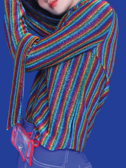 彩虹條紋閃亮絲帶打底衫 X1656 