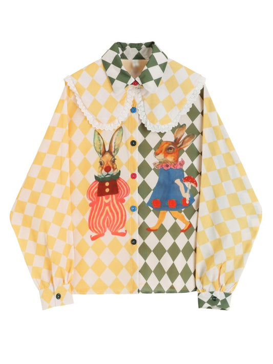 Doll Lapel Diamond Check Rabbit Shirt X1683