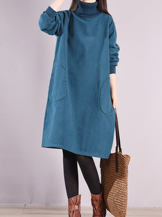 Rib high neck multi-yard casual fleece dress X1812