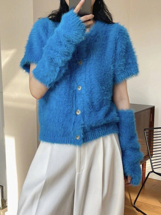 Separate sleeve boa knit cardigan X1837