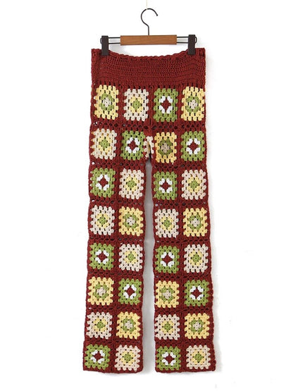 かぎ針編み花柄ニットストレートカジュアルパンツ　X1881