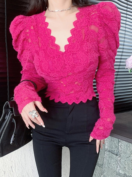 Slim V-Neck Juliet Sleeve Elegant Lace Top X1926